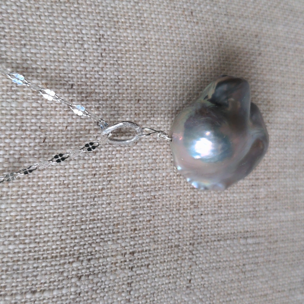 New Huge Platinum Baroque Pearl Necklace,  Pendant, Solid Sterling Silver, Box